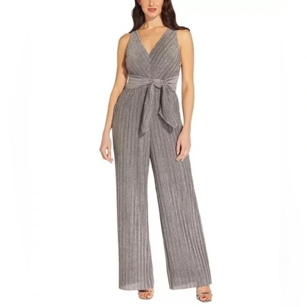 NWT Adrianna Papell Metallic Dark Silver Tie Waist Jumpsuit Size 2 Petite - Picture 1 of 3